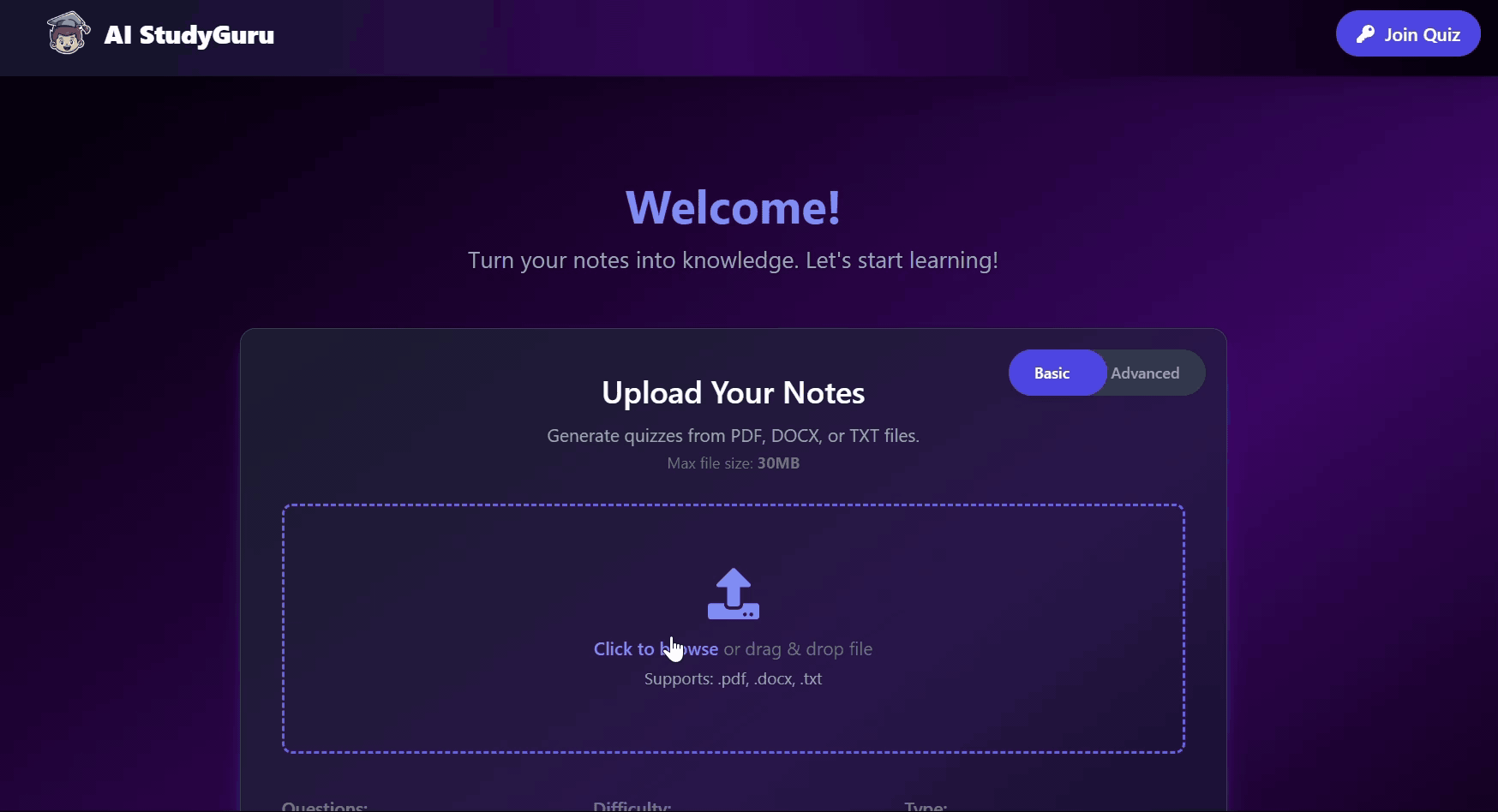 Demo of notes being transformed into a quiz